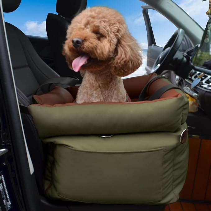 Dog Car Seat for Small Dogs, Large Leather Dog Car Bed with Storage Pocket, Waterproof PVC Leather Booster Seat Travel Bed for Front &amp; Back Seat, Clip-On Safety Leash (Green/Brown)