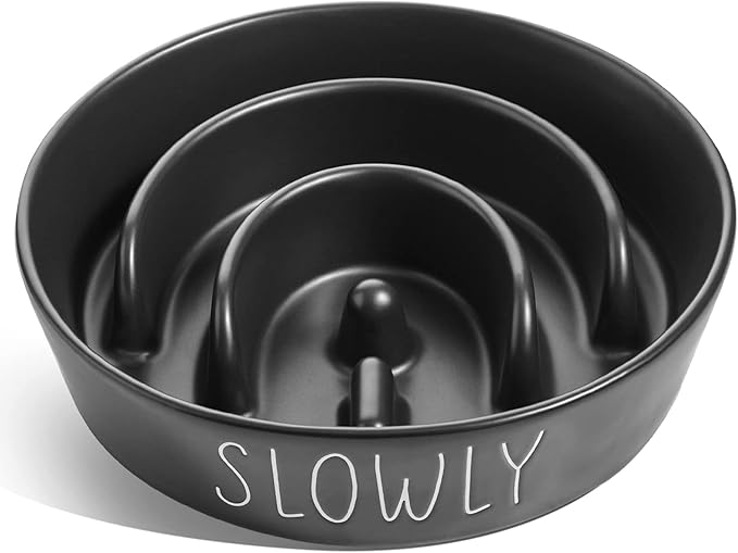 Slow Feeder Dog Bowl - 1.5 Cups Ceramic Puzzle Feeder for Small &amp; Medium Breeds, Maze Design Pet Dish for Puppy &amp; Fast Eaters, Black Non-Slip Bowl to Control Eating Speed