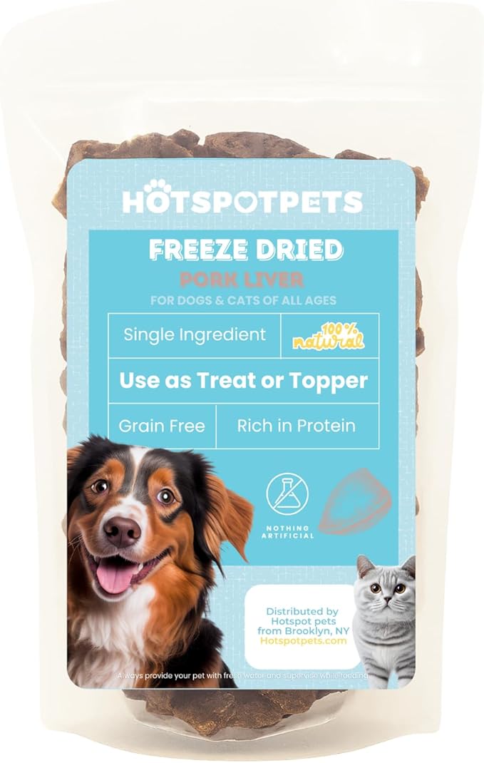 hotspot pets Freeze Dried Pork Liver Treats for Cats &amp; Dogs - Made in USA (1 Pound Value Bag) Single Ingredient, High Protein, All Natural, Grain-Free - Perfect for Training, Topper or Snack
