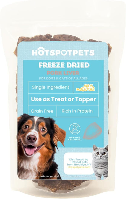 hotspot pets Freeze Dried Pork Liver Treats for Cats &amp; Dogs - Made in USA (1 Pound Value Bag) Single Ingredient, High Protein, All Natural, Grain-Free - Perfect for Training, Topper or Snack