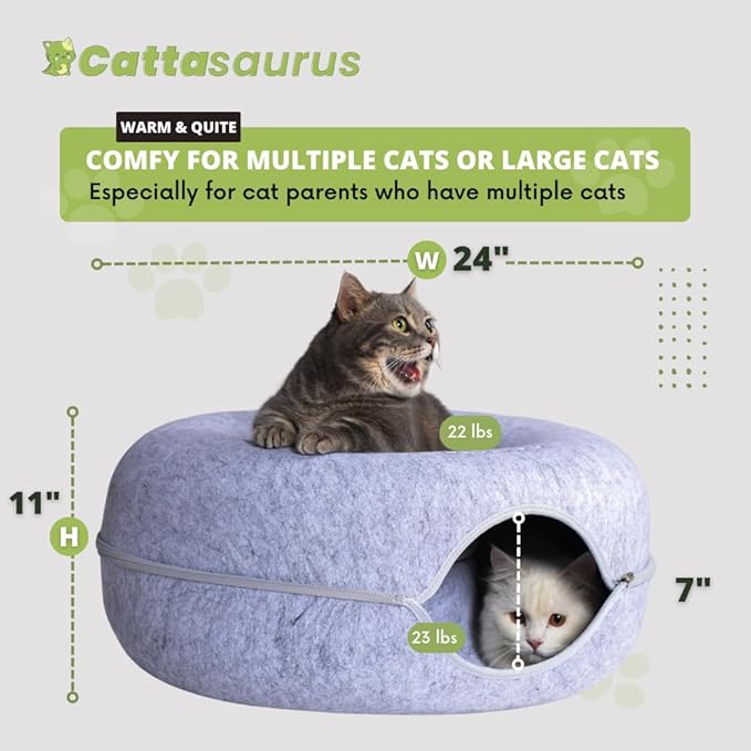 CATTASAURUS Peekaboo Cat Cave for Multiple &amp; Large Cats Up to 30-45 Lbs, Scratch Detachable &amp; Washable Tunnel Bed, Comfy Donut Cat Cave (Light Gray + Light Gray, Large)
