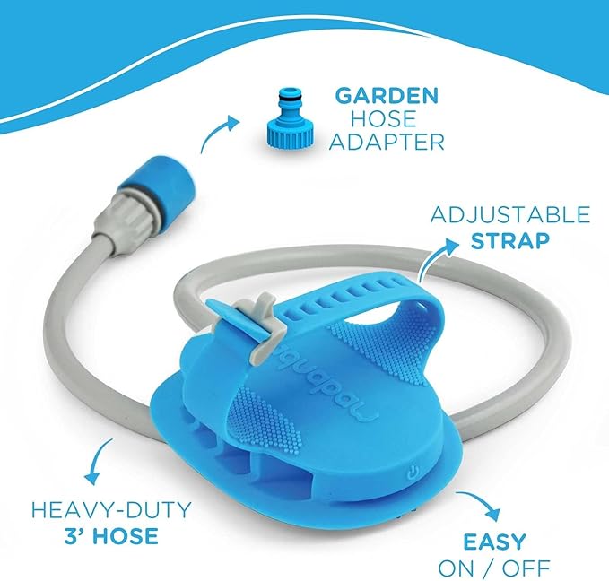 Aquapaw 5-in-1 Horse &amp; Dog Bath Brush &amp; Curry Comb - XL Blue Silicone - Includes 3-ft Shower Hose Attachment &amp; Adapter - Adjustable Spray Scrub Massager - Dog Grooming Supplies