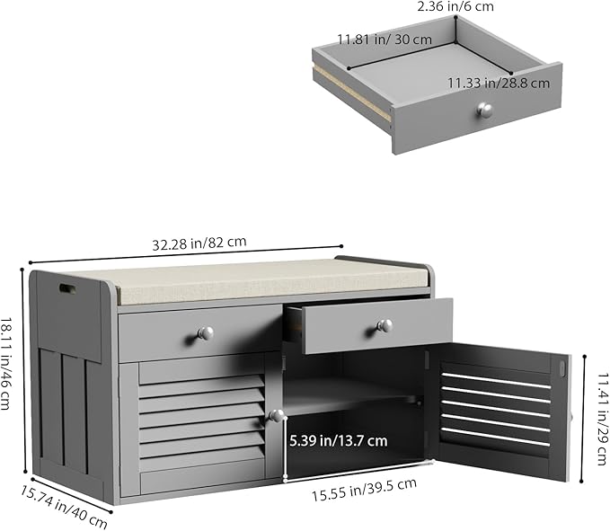 Shoe Storage Bench with 2 Drawers &amp; 2 Doors, Entryway Bench with Cushion, 2 Adjustable Shelves, Shoe Cabinet for Entryway, Living Room, Hallway, Mudroom, Bedroom, Grey