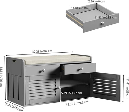 Shoe Storage Bench with 2 Drawers &amp; 2 Doors, Entryway Bench with Cushion, 2 Adjustable Shelves, Shoe Cabinet for Entryway, Living Room, Hallway, Mudroom, Bedroom, Grey