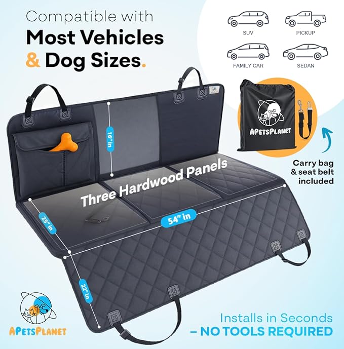 APetsPlanet Dog Car Seat Cover for Back Seat Hard Bottom - Waterproof Backseat Extender for Dogs - Pet Hammock for Car, Truck, SUV - Protector Bed with Mesh Window &amp; Storage - Black, No Door Covers
