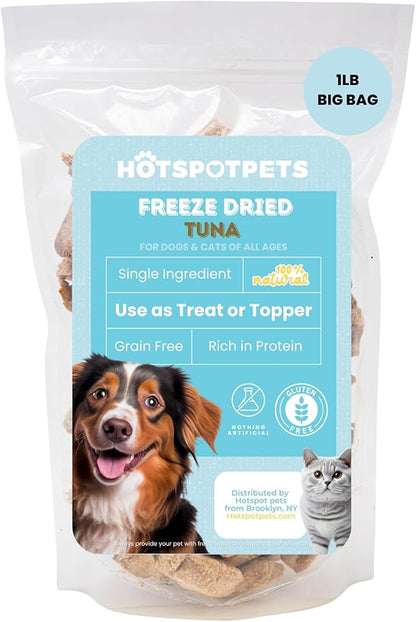 hotspot pets Freeze Dried Tuna Treats for Cats &amp; Dogs - Made in USA, 1lb Value Bag, Single Ingredient, All Natural -Healthy, High Protein, Perfect for Training, Topper or Snack