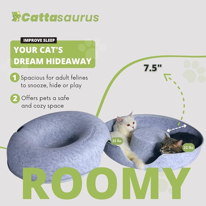 CATTASAURUS Peekaboo Cat Cave for Multiple &amp; Large Cats Up to 30-45 Lbs, Scratch Detachable &amp; Washable Tunnel Bed, Comfy Donut Cat Cave (Light Gray + Light Gray, Large)