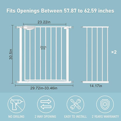 WAOWAO Triple Lock Baby Gate Extra Wide 57.87-62.59" Pressure Mounted Walk Through Swing Auto Close Safety White Metal Dog Pet Puppy Cat for Stairs,Doorways,Kitchen