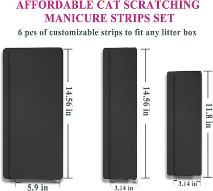 Cat Nail File Scratching Strips - 6 Pcs Cat Scratcher Liner for Litter Box, 3 Pairs Peel Stick Cat Strips in Different Sizes - Recommended for Litter Box Use (Black)