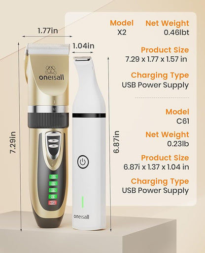 oneisall Dog Clippers and Paw Trimmer Kit 2 in 1 Low Noise Cordless Dog Clippers for Grooming Pet Hair Trimmers for Small and Large Dogs Cats Animals