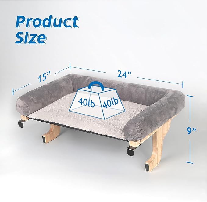 Cat Perch for Window Sill with Bolster - Orthopedic Hammock Design with Premium Hardwood &amp; Robust Metal Frame - Cat Window Seat for Large Cats and Kittens - Natural Color Wood with Gray Bed