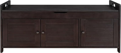 Shoe Storage Bench with 3 Shutter-Shaped Doors, Pine Wood Shoe Bench with Removable Cushion and Hidden Storage Space for Living Room, Entryway 43.5" L x 16" W x 18" H Espresso
