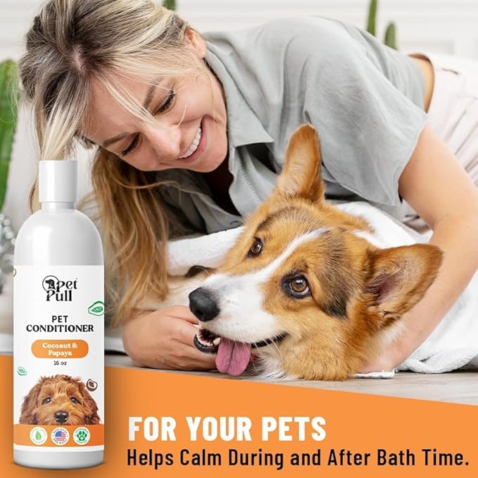 Dog Conditioner Puppy Essentials - Moisturizing Conditioner for Dogs with Coconut and Papaya Scent - Plant Based Dog Bath Supplies Detangle and Revive Pet&