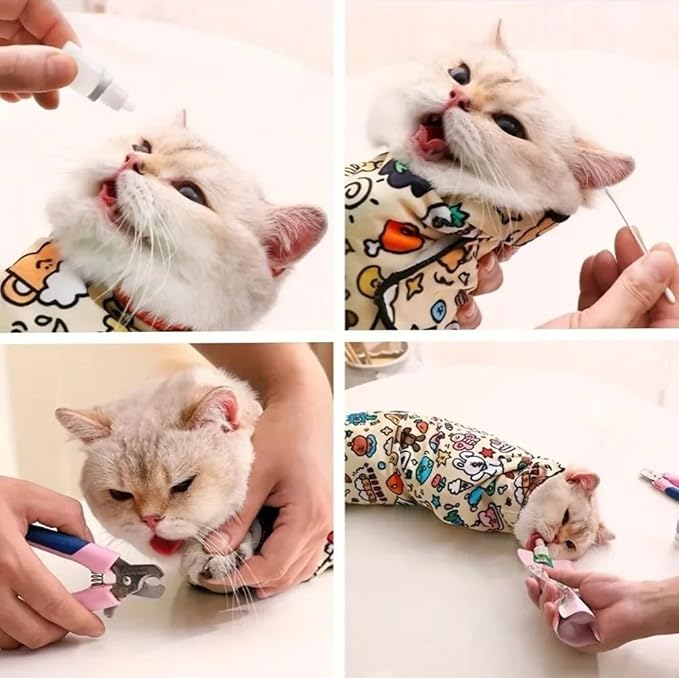 Magic Cat Wrap for Cutting Nails &amp; Grooming, Self Adherent Fabric Wrap for Cats, Multi Functional Pet Grooming Towel Blanket, Wrap Snug and Groom for Cats, 27.6 in, Under 22 Ibs