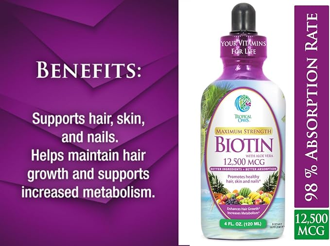 Maximum Strength Liquid Biotin Drops w/ 12,500 MCG – Best Vitamins for Fast Hair Growth, Reduced Hair Loss, Healthy Skin &amp; Strong Nails -5X More Potent Than Pills– Max Absorption, Vegan– 4oz, 30 Serv
