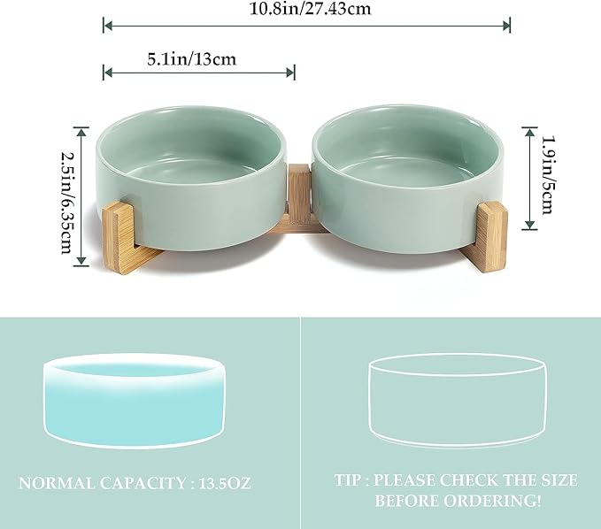 SPUNKYJUNKY Ceramic Dog and Cat Bowl Set with Wooden Stand, Modern Cute Weighted Food Water Set for Small Size Dogs (13.5OZ) &amp; Medium Sized Dogs (28.7OZ) &amp; Cats (1.7 Cups, 2 × Light Green)