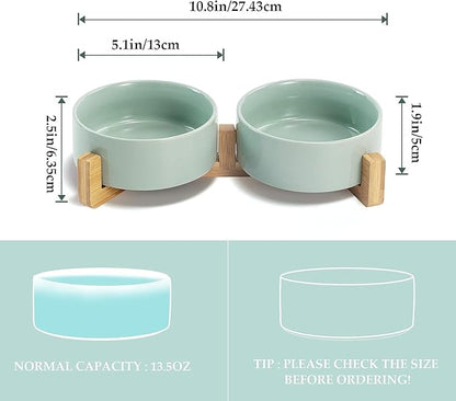 SPUNKYJUNKY Ceramic Dog and Cat Bowl Set with Wooden Stand, Modern Cute Weighted Food Water Set for Small Size Dogs (13.5OZ) &amp; Medium Sized Dogs (28.7OZ) &amp; Cats (1.7 Cups, 2 × Light Green)
