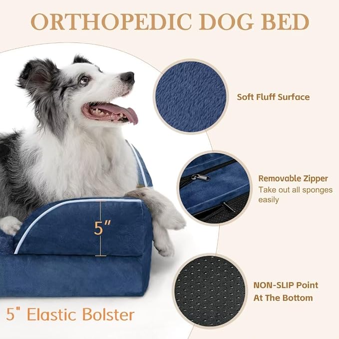 Comfort Expression Extra Large Dog Beds, Waterproof Orthopedic Foam Dog Beds, XL Dogs Bed with Bolster, Washable Dogs Sofa Pet Bed with Removable Cover &amp; Non-Slip Bottom(X-Large,Navy Blue)
