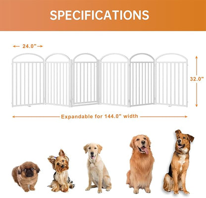 6 Panles Full Matel Freestanding Dog Gates with Door, 144"Extra Wide 32"Tall Free Standing Dog Pet Gate for Indoor &amp; Outdoor. Foldable Pet Fences for Doorways, House, Stairs, Porch, Deck, Yard