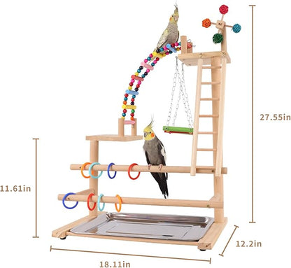Bird Playground, Perch Stand Parrot Playstand Play Gym with 2 Perches Stand Windmill Toys, Playpen for Parakeet Conure Cockatiel Lovebird Budgie Caique, Exercise Playgym with feeding Cups