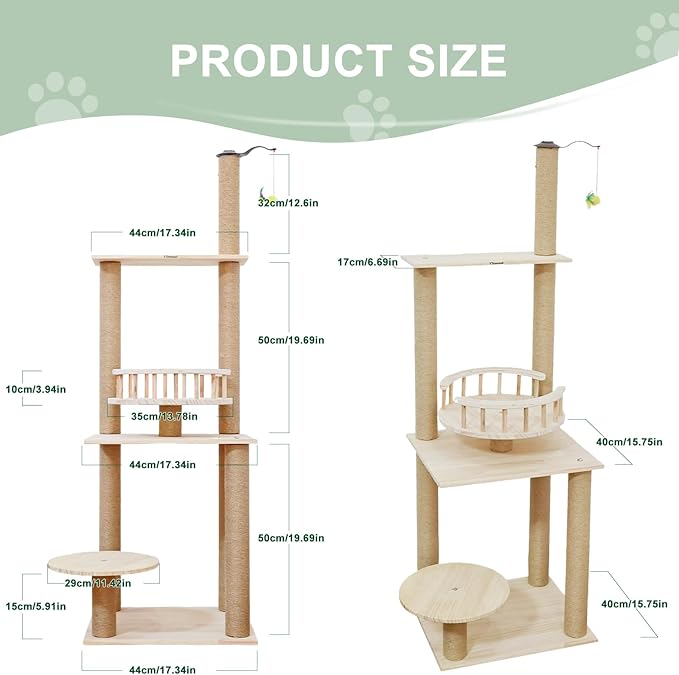 Wood Cat Tree 17” x 16”x 53” Modern Sturdy Cat Tower with Double Condos Hand-Woven Beds &amp; Toys Multilevel Huge Paws Pals Tree Indoor Cat Furniture for Big Cats