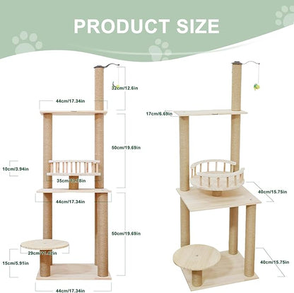 Wood Cat Tree 17” x 16”x 53” Modern Sturdy Cat Tower with Double Condos Hand-Woven Beds &amp; Toys Multilevel Huge Paws Pals Tree Indoor Cat Furniture for Big Cats