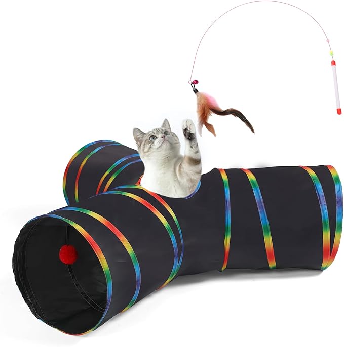 LUCKITTY Cat Tunnels Tube Toy with Plush Ball &amp; Cat Wand Feather Toys-Portable Tattaff Waterproof Washable-Interesting Geometric Pattern Collapsible-3 Way Black Rainbow