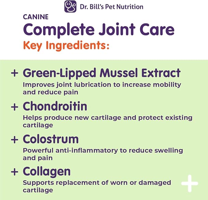 Dr. Bill’s Canine Complete Joint Care – Hip &amp; Joint Supplement for Dogs for Mobility, Muscle Support &amp; Inflammation Relief – Green Lipped Mussel, Chondroitin, Collagen, Omega-3 – Powder, 340g