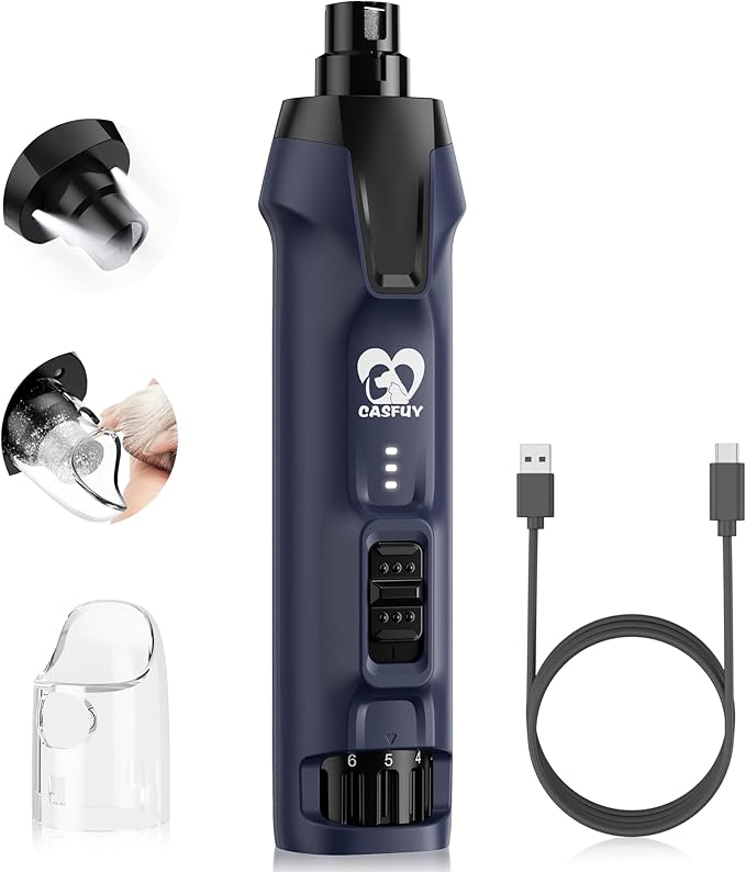 Casfuy 6-Speed Dog Nail Grinder – 50%+ Boost Power Dog Nail Trimmers Quiet with Dust Cap &amp; 2 LED Lights &amp; 2000mAh Battery &amp; 4.8V Motor Electric Pet Toenail File Tool for Large Medium Small Dogs Cats