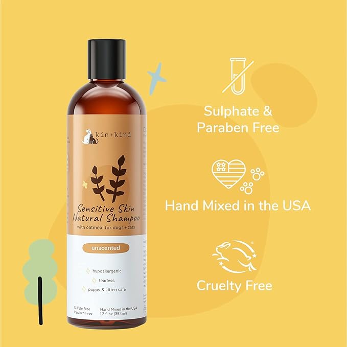 Oatmeal Shampoo for Dogs and Cats by kin+kind - Cat &amp; Dog Shampoo for Sensitive Skin with Colloidal Oatmeal - Safe, Natural Formula with Olive Oil and Coconut Oil (12 fl oz) - Made in USA