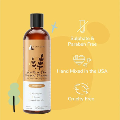 Oatmeal Shampoo for Dogs and Cats by kin+kind - Cat &amp; Dog Shampoo for Sensitive Skin with Colloidal Oatmeal - Safe, Natural Formula with Olive Oil and Coconut Oil (12 fl oz) - Made in USA