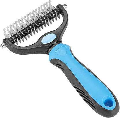 Pet Grooming Tool - 2 Sided Undercoat Rake for Cats and Dogs - Safe Dematting Comb for Easy Mats &amp; Tangles Removing - No More Nasty Shedding and Flying Hair