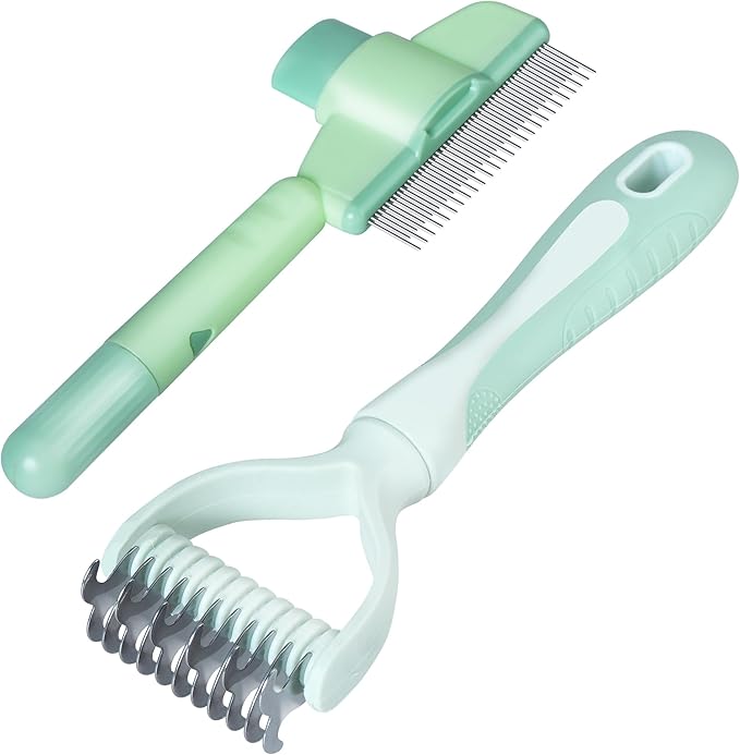 Pet Hair Removal Comb,New Cat Brush with Release Button,Pet Grooming Brush for Short&amp;Long Pet Hair,Deshedding Brush for Pet (Green Set)