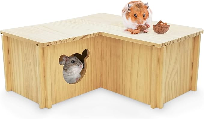 Fhiny Wooden Hamster House, Multi-Chamber Hamster Hideout &amp; Tunnel Detachable Activity Room Exploring Toys Rats Habitat Decor for Dwarf Hamsters Gerbils Mice Lemmings (Small)