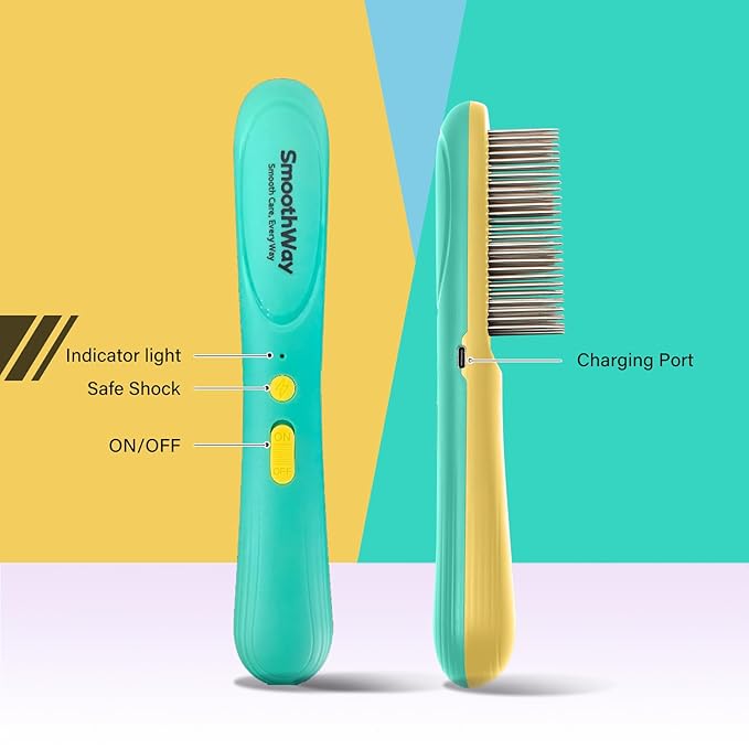 Premium Flea Comb for Dogs &amp; Cats with Long Hair - 3-Row Stainless Steel Detection Tool with Manual Cleaning Brush | Electric Negative Ion Grooming Comb for Shaggy Dogs, Cats and Long-haired Animals