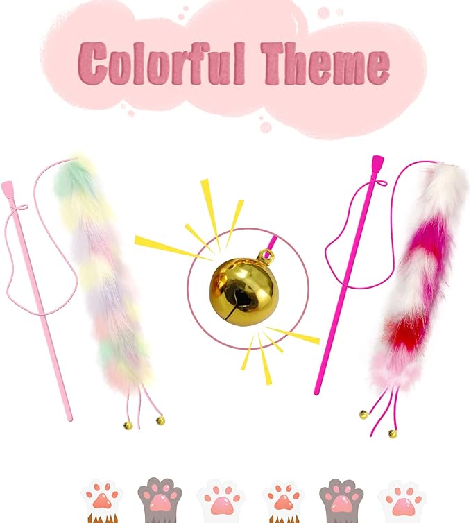 2 Pack Cat Wand Toy, Rainbow Cat Feather Toys with Bells, Teaser Wand with Soft Furry Tail, Interactive Toys for Indoor Cats &amp; Kitten &amp; Kitty