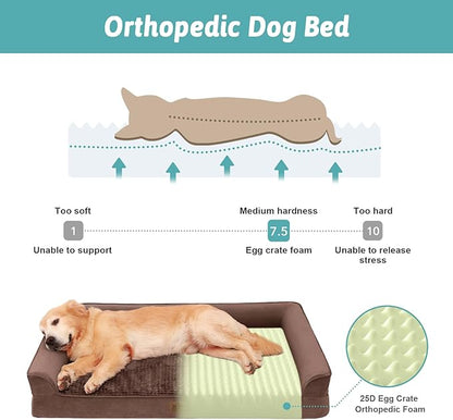 Orthopedic Dog Beds for Medium Size Dog, Pet Couch for Dog Cat, Supportive Foam Bolster Sofa with Waterproof Lining Cover, Anti-Slip, Comfort, Washable, 30x20x7.5 in, U Shape, Brown