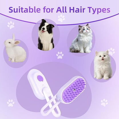 4-in-1 Rechargeable Anti-Dandruff Pet Steam Brush — brush for sheddingCats &amp; Dogs,pet hair removal tool. Integrating functions of massage,clean, hair grooming and anti-static (purple)