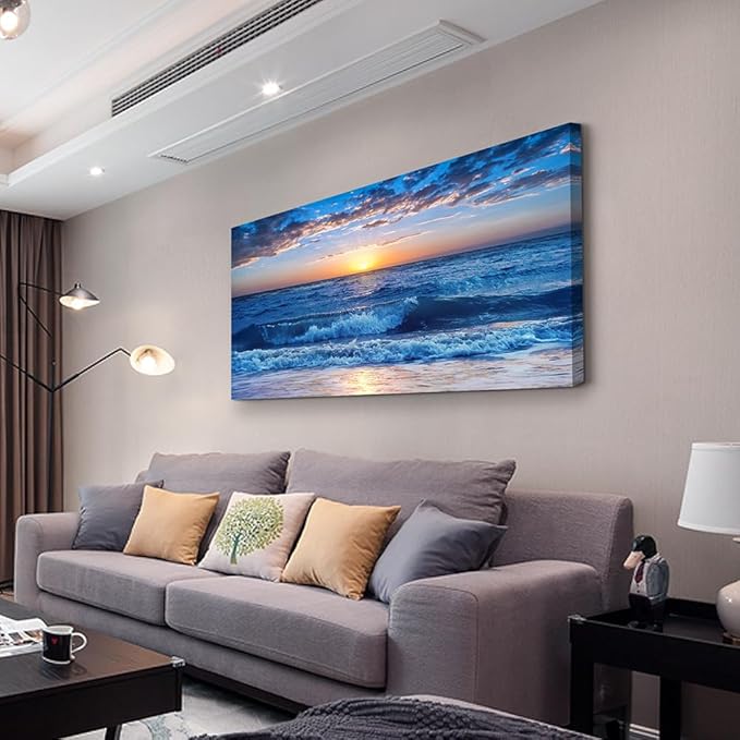 Lapremoly Framed Canvas Wall Art - Large Blue Ocean Beach Wall Painting for Living Room, Bedroom &amp; Office - 24" x 48"