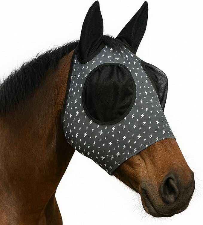 Horse Fly Mask - Arab Equine Fly Mask with Full Coverage for Eye &amp; Ear - Stretchable UV &amp; Sun Protection Flymask for Horses, Ponies &amp; Mini Horses - Horse Face Cover for Pasture &amp; Trail - Lightning