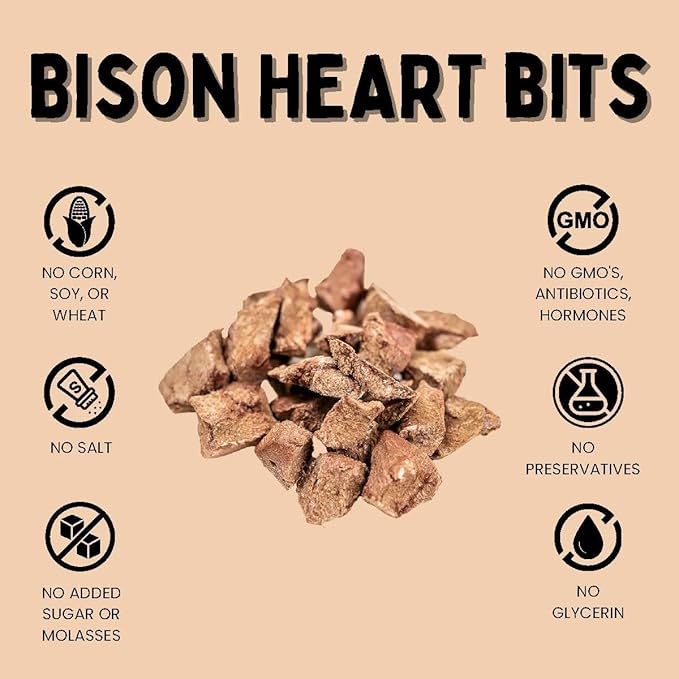 Grass-Fed Bison Heart Bits Cat Treats (Pack of 3) - Single Ingredient, High Protein Cat Food Snacks, Grain Free &amp; Made in USA, with Taurine, Iron &amp; Zinc for Healthy Cats