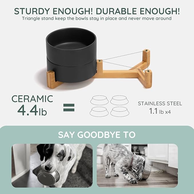 SPUNKYJUNKY Ceramic Dog and Cat Bowl Set with Wooden Stand, Modern Cute Weighted Food Water Set for Small Size Dogs (13.5OZ) &amp; Medium Sized Dogs (28.7OZ) &amp; Cats (3.6 Cups, 2 × Black)