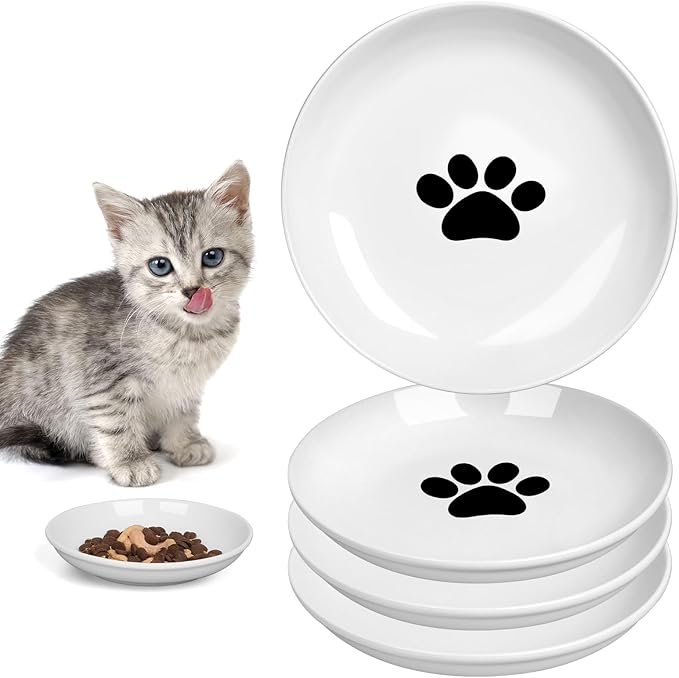 TRUVIC 4 Pack Ceramic Cat Food Bowls, 5.9 Inch Ceramic Cat Dishes Set for Indoor Cats and Small Dogs, Anti Whisker Fatigue Kitten Bowls, Wide Shallow Kitten Plates for Food and Water (Cat&