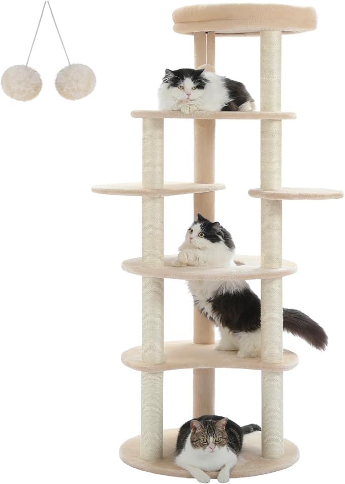 PETEPELA 61" Cat Tree for Indoor Cats, [6-Levels] Cat Climbing Tower with 9 Sisal Scratching Posts and Replaceable Dangling Ball &amp;Top Perch, Beige