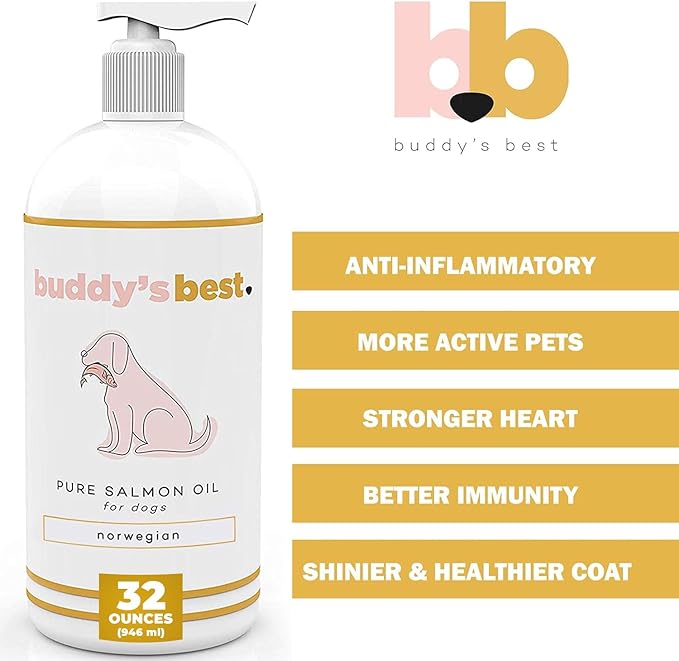 Salmon Oil for Dogs &amp; Cats – Omega 3 Supplement with EPA &amp; DHA | 100% Norwegian Fish Oil | Odorless, Human-Grade | Skin, Coat &amp; Joint Support | 32 oz | Buddy’s Best