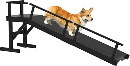 61" Dog Ramp for Bed, Pet Ramp with Removable Side Rail and Non-Slip Surface, Pet Ramp for Small &amp; Large &amp; Senior Dogs with Rest Platform and DIY Glow Strips,Dog Stairs for Couch,Black
