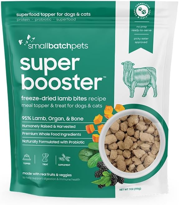 smallbatch Freeze Dried Dog Treats, Superfood Food Topper Lamb Bites for Dogs &amp; Cats, Probiotics, Organic Ingredients, High Protein, Grain Free Healthy Treat or Food Topper, Made in The USA, 7 oz Bag