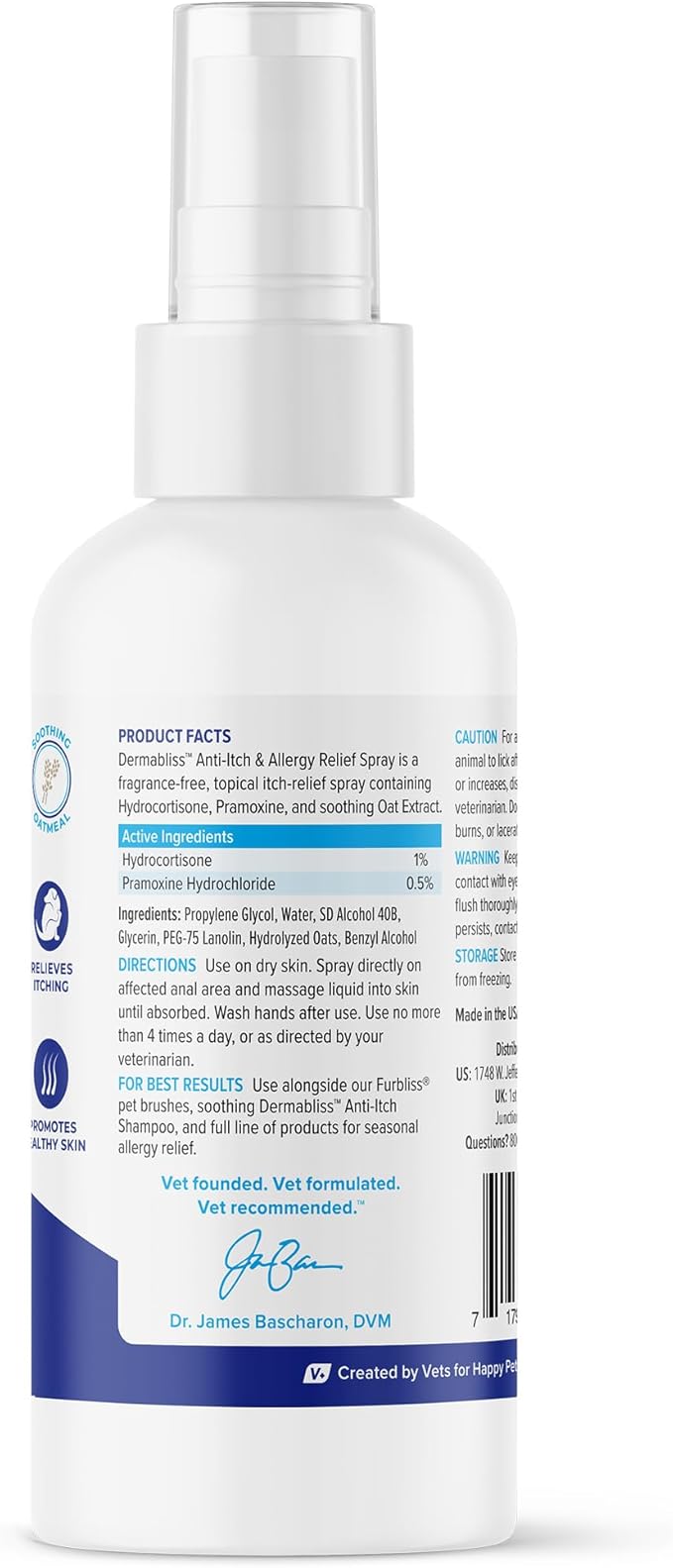 Vetnique Dermabliss Anti Itch Spray for Dogs &amp; Cats with Hydrocortisone for Allergies and Immediate Dog Itching Skin Relief - Fragrance Free with Soothing Oat Extract (4oz)