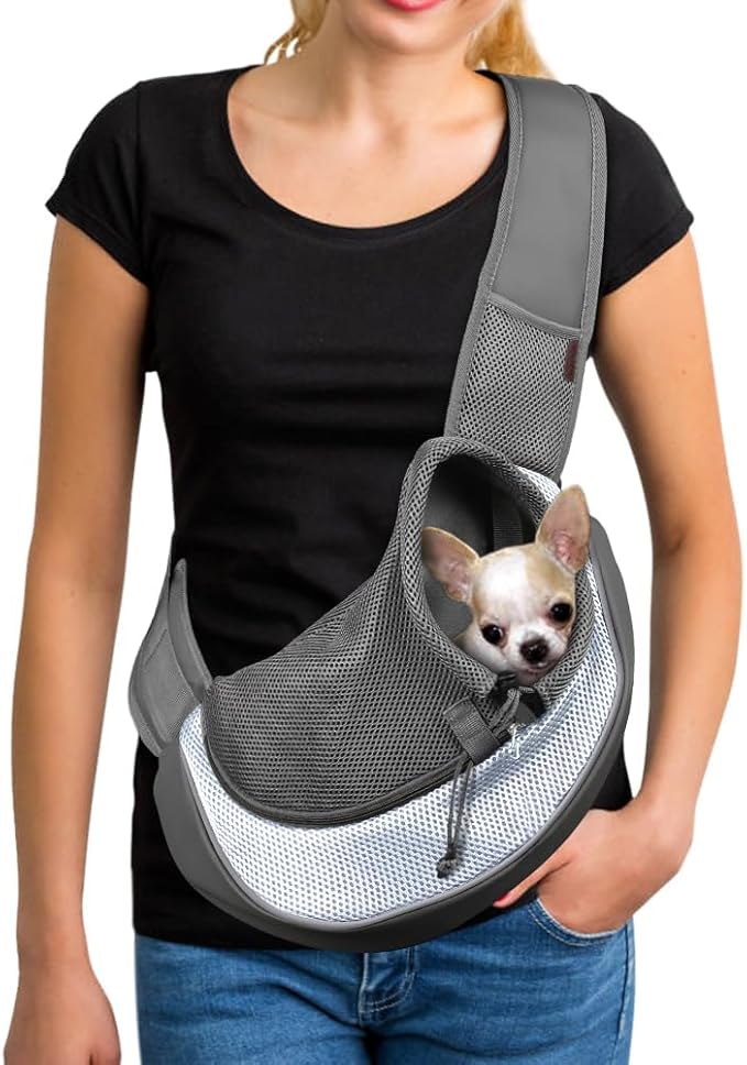 YUDODO Pet Sling Carrier for Small Dogs &amp; Cats – Hands-Free Puppy Carrier with Safety Hook, Large Zipper Pocket, Soft Breathable Mesh, Adjustable Strap &amp; Reflective Strip (Gray 1.0 M)