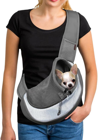 YUDODO Pet Sling Carrier for Small Dogs &amp; Cats – Hands-Free Puppy Carrier with Safety Hook, Large Zipper Pocket, Soft Breathable Mesh, Adjustable Strap &amp; Reflective Strip (Gray 1.0 M)